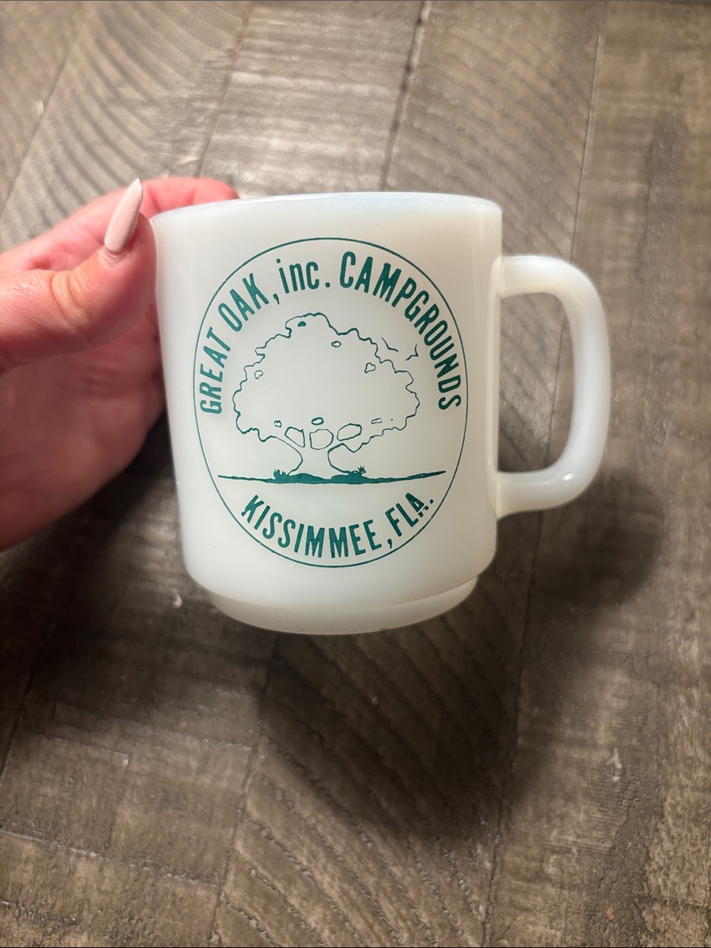 Vintage Great Oak Campgrounds White Mug Milk Glass Glasbake Green Logo